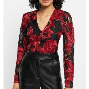 Express Lace Embroidered Red Black Floral Long Sleeve Thong Bodysuit  Blouse XS